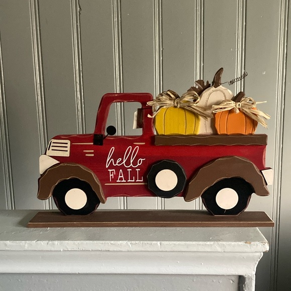 NWT Large- Hello Fall- Red Wooden Farmtruck with 3 Pumpkins Decoration w/ Base - Picture 12 of 17